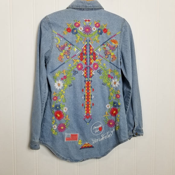Free People Home Made Denim Shirt Wunderlust Embroidered Sz L - Picture 6 of 15